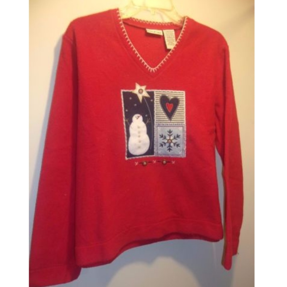 Ugly Snowman Holiday Fleece V neck Red Sweater - W